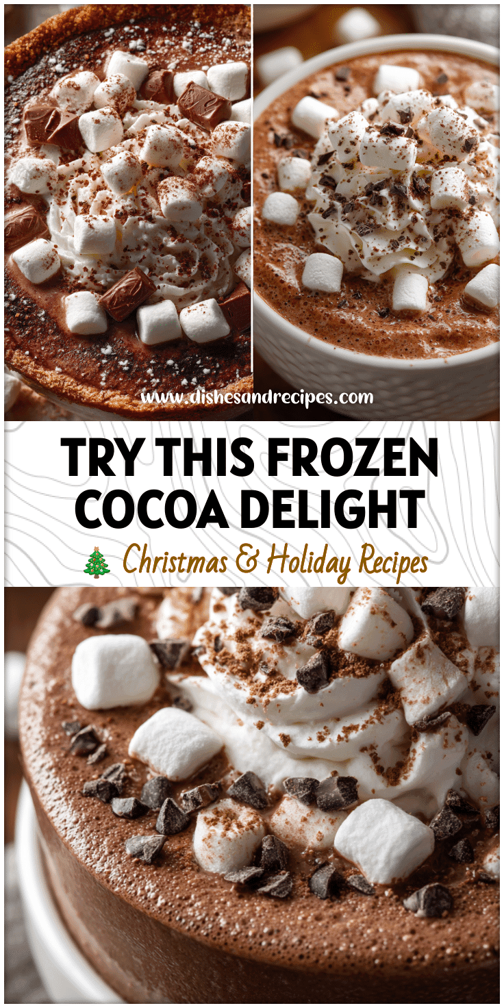 A bowl of frozen hot chocolate dip topped with whipped cream and cocoa sprinkled marshmallows.